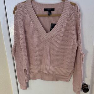Forever 21 Light Pink V-Neck Sweater with Cut-Out Sleeves